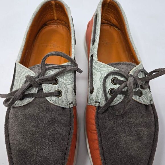 ETRO MILANO ORANGE BROWN LEATHER PAISLEY BOAT SHOES MENS SIZE 41 US 8 main image 5